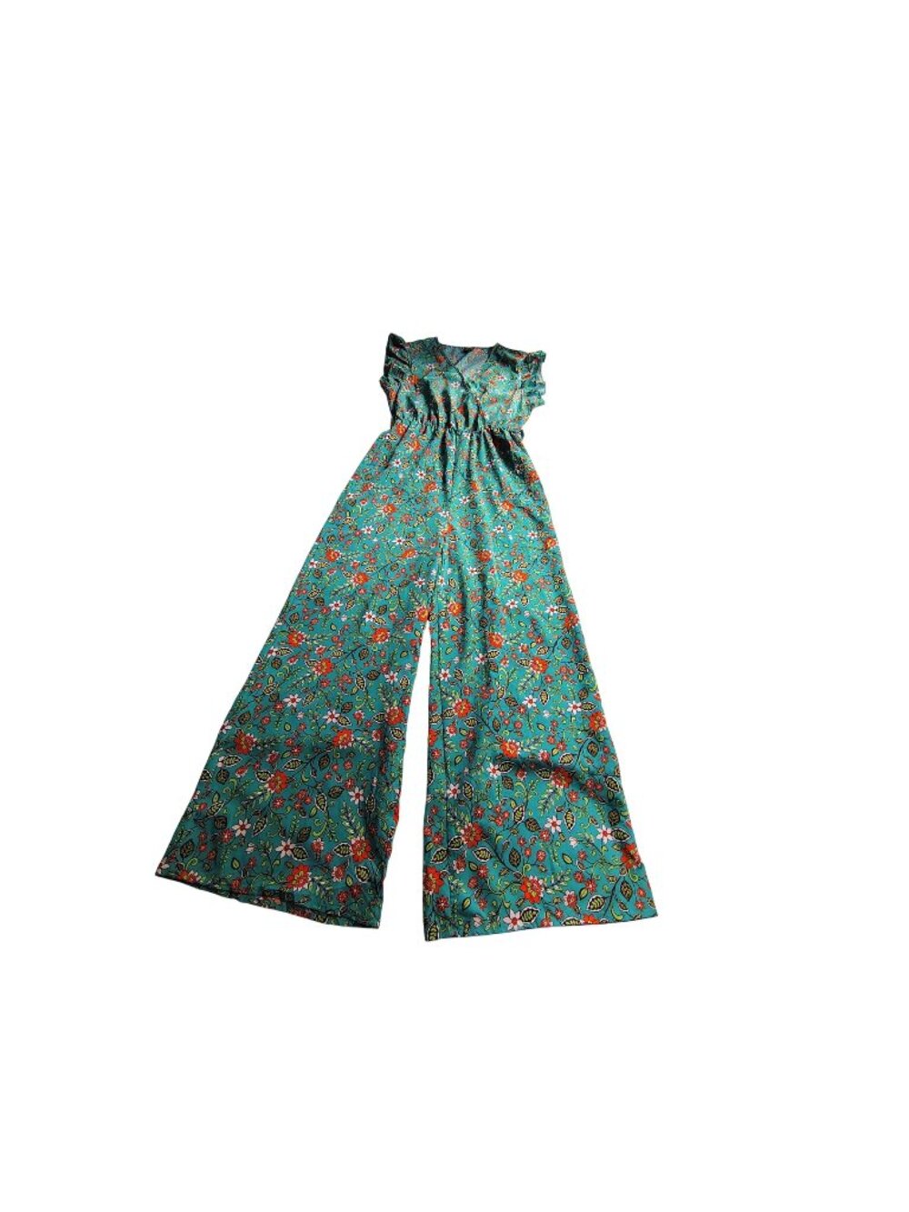 Shein Floral Ruffle-Sleeve Jumpsuit Size M Teal & Red Pattern Wide-Leg Design